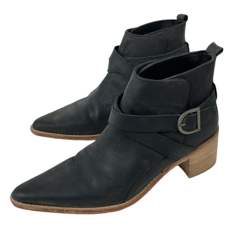 Free People Black Leather Pointed Toe Ankle Booties with Brown Wood Heel